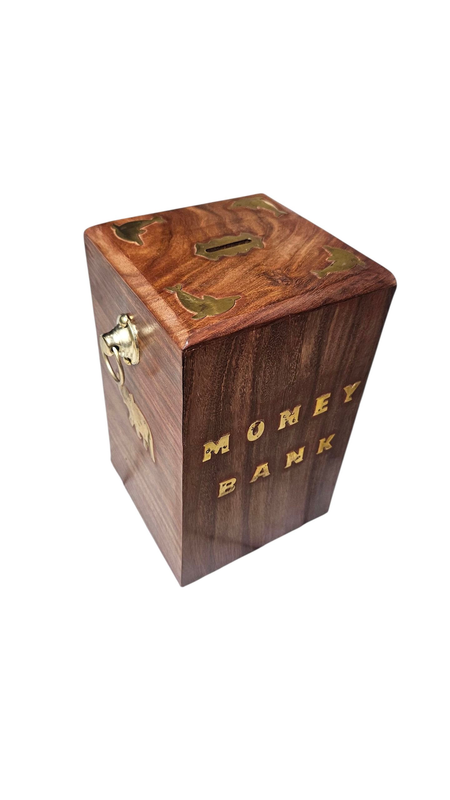 Handcrafted Sheesham Wood Money Bank with Brass Inlay & Lock | Wooden Piggy Bank | LakdiBaazaar